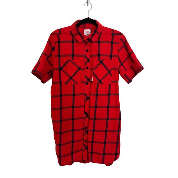 TOPO Designs Shirt Dress Womens Large Plaid Flannel Button Up Red Navy Cotton - Picture 3 of 7